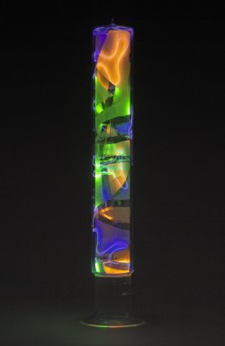 Flameworked borosilicate glass, phosphors, inert gas, electricity
4"w x 4"d x 30"h plasma light art wayne strattman