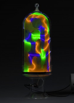 Flameworked borosilicate glass, phosphors, inert gas, electricity
6"w x 6"d x 22"h plasma light art wayne strattman