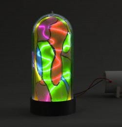 Flameworked borosilicate glass, phosphors, inert gas, electricity
6"w x 6"d x 22"h Wayne Strattman lighted glass plasma sculpture