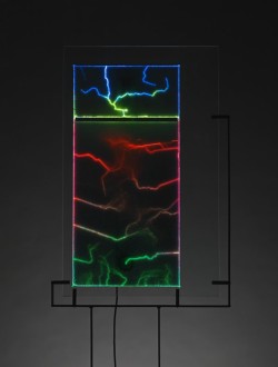 Fused glass, inert gas, electricity, metal base
26"w x 1"d x 76"h plasma light art wayne strattman
