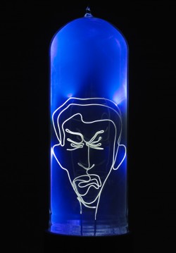 Flameworked borosilicate glass, inert gas, phosphors, wire, electricity
6"w x 6"d x 12"h plasma light art wayne strattman
