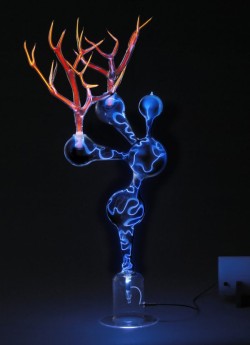 Flameworked borosilicate glass, inert gas, electricity
20"w x 14"d x 28"h plasma light art wayne strattman