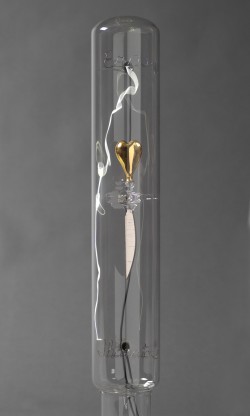 Flameworked and silvered borosilicate glass, gold luster, wire, inert gas, electricity
6"w x 6"d x 25"h plasma light art wayne strattman