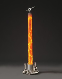 Flameworked and silvered borosilicate glass, inert gas, electricity
6"w x 6"d x 60"h plasma light art wayne strattman
