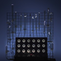 Flameworked borosilicate glass, inert gas, electricity, dial controls
60"w x 24"d x 48"h plasma light art wayne strattman