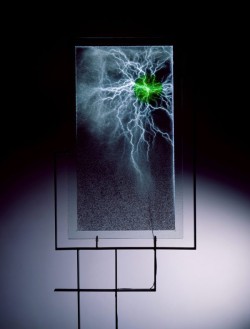 Fused glass, inert gas, electricity, metal base
26"w x 1"d x 76"h plasma light art wayne strattman