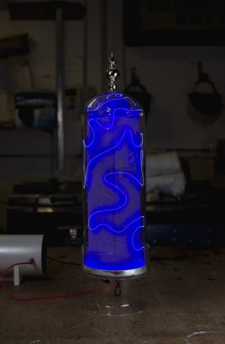 Flameworked borosilicate glass, phosphors, inert gas, electricity
6"w x 6"d x 22"h plasma light art wayne strattman
