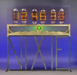 Flameworked borosilicate glass nixie tubes, inert gas, electricity, metal base, custom circuitry
74"w x 12"d x 74"h plasma light art wayne strattman