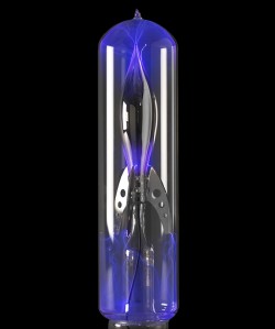 Flameworked and silvered borosilicate glass, inert gas, electricity
6"w x 6"d x 22"h plasma light art wayne strattman